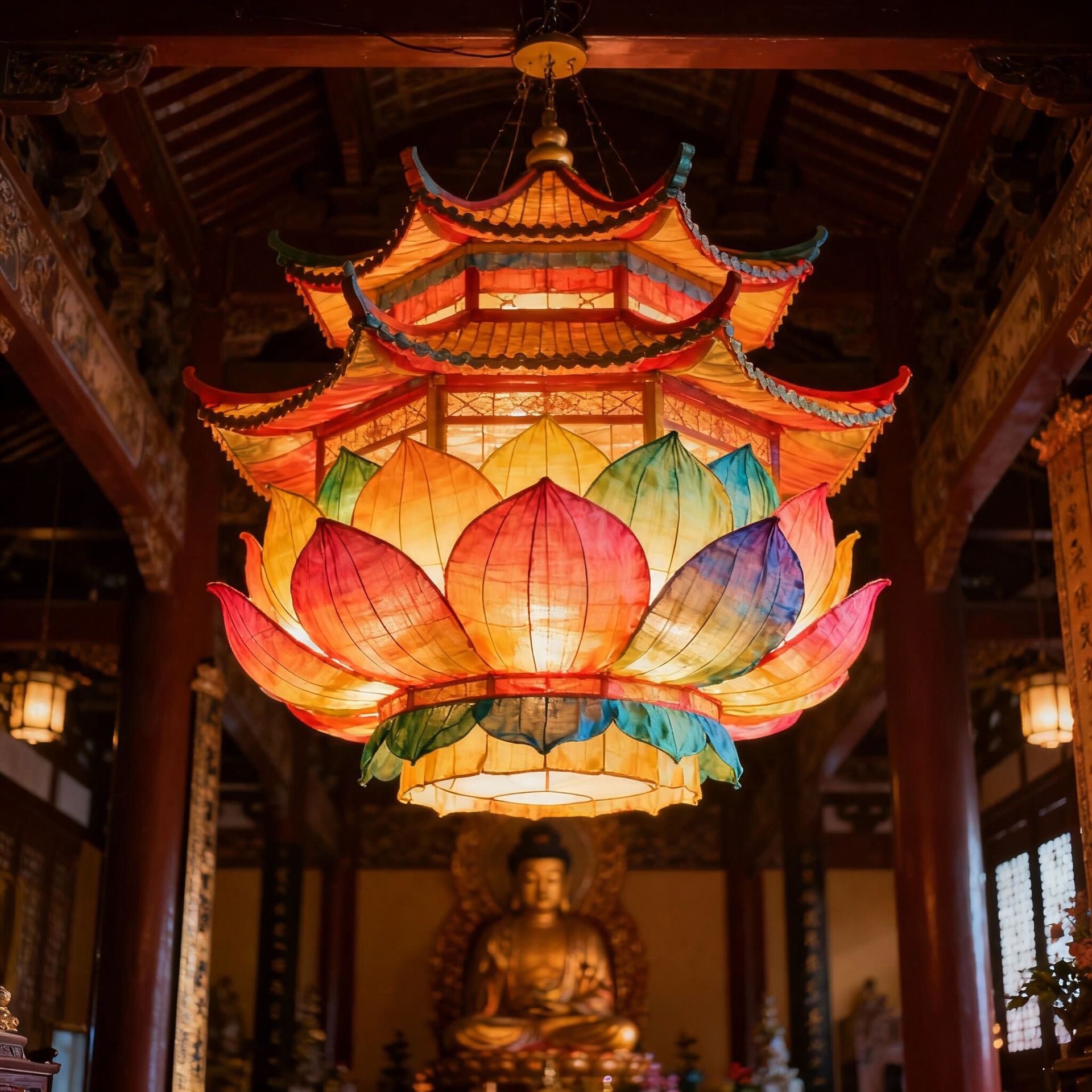 中式莲花吊灯古建筑佛堂餐厅酒店装饰灯具彩色手工宫廷风实木布艺